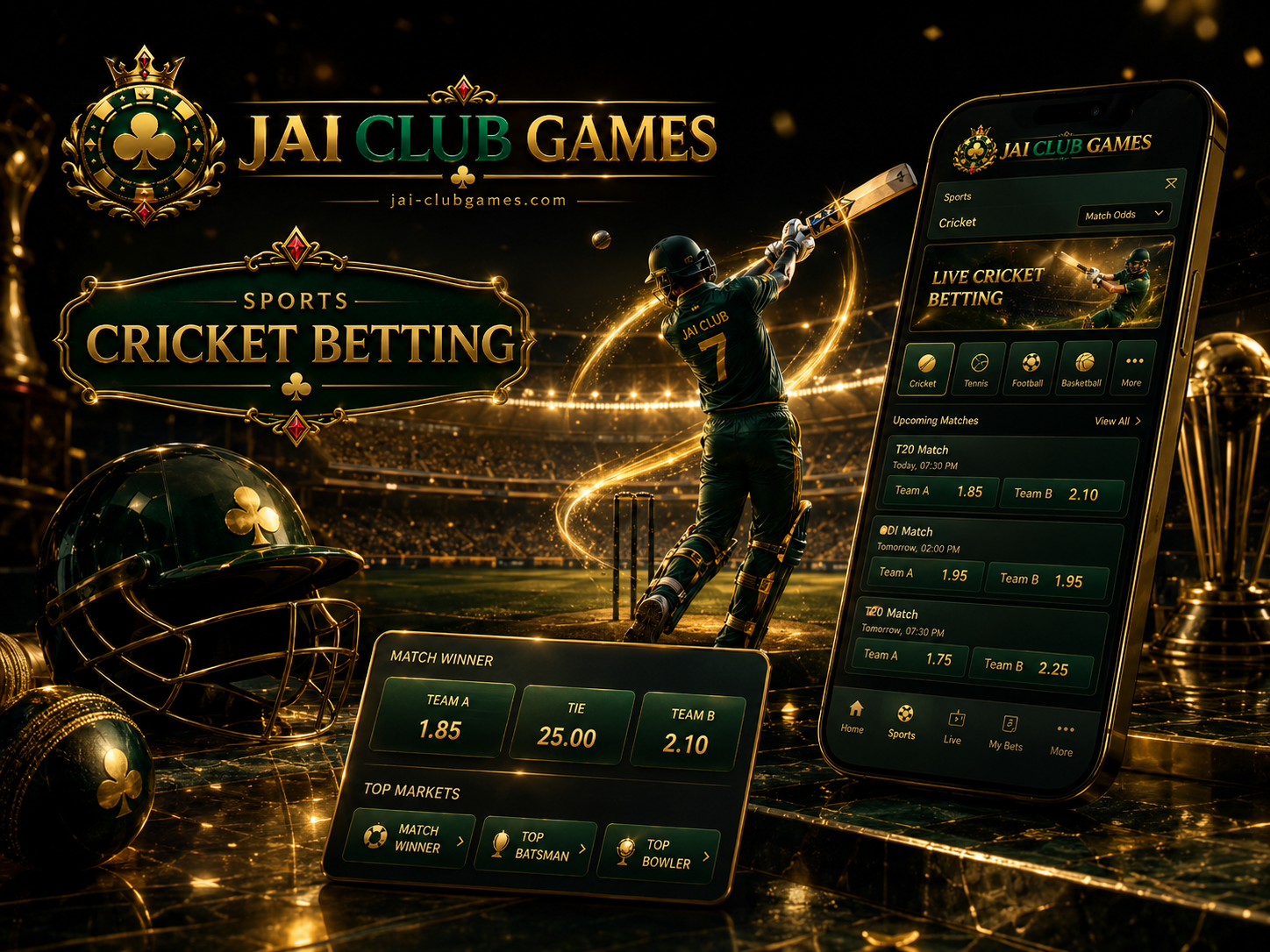 Jai Club Games card room panel with mobile app and club cards