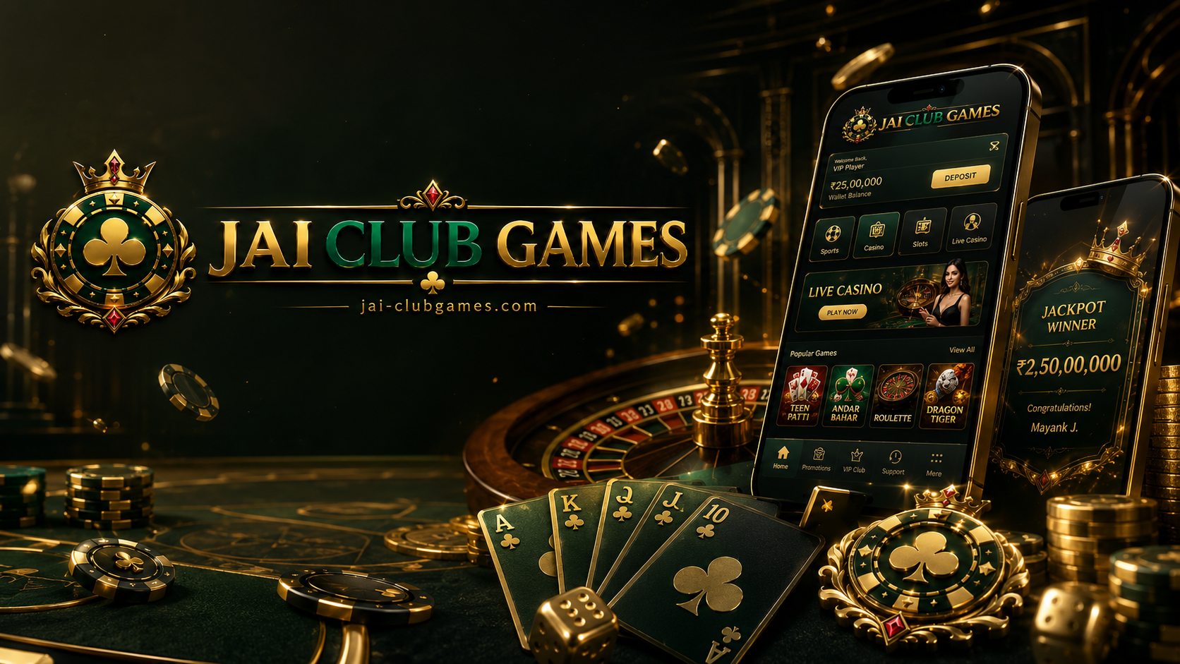 Jai Club Games mobile app screen with cards roulette and club emblem