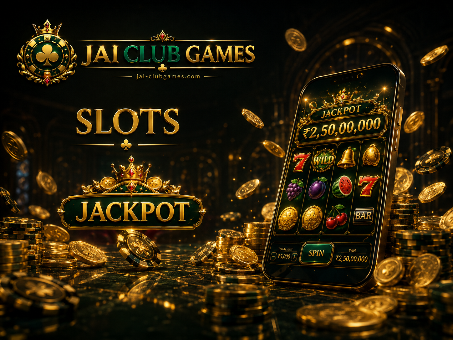 Jai Club Games slot-style mobile screen with coins and club emblem