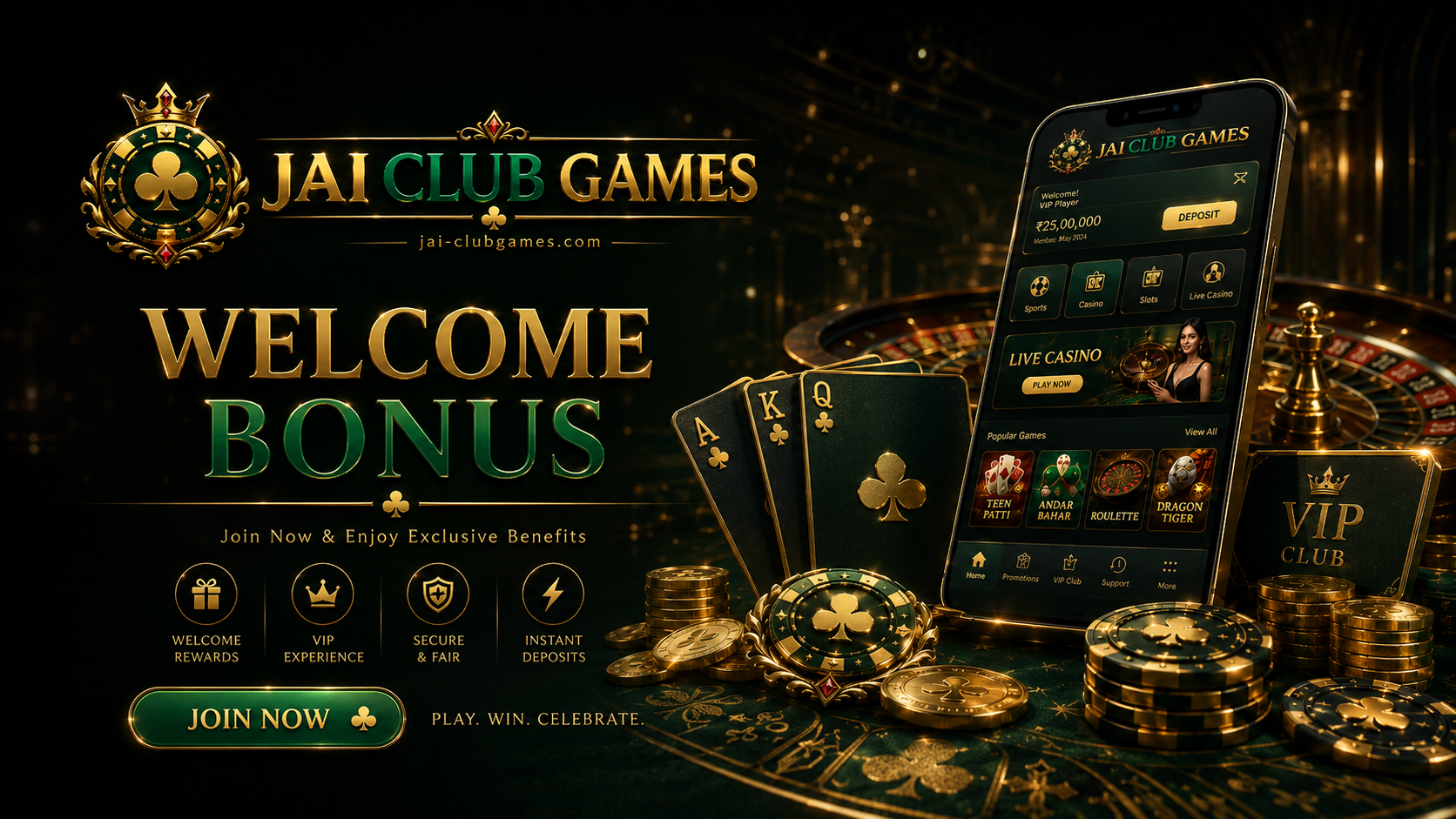 Jai Club Games club app lobby with cards coins and mobile screen